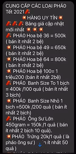 Catalog các loại pháo do một đầu nậu giới thiệu khi phóng viên liên hệ hỏi mua.