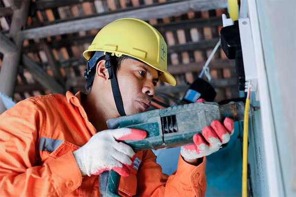 Công nhân EVNHANOI đang sửa chữa hệ thống điện trong gia đình chị Tuyên.