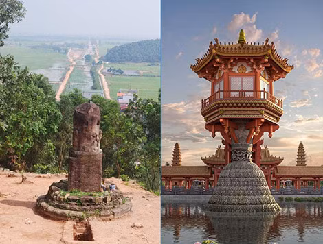 Phế tích cột đá chùa Dạm, 2014. Ảnh: Trần Trọng Dương; Phỏng dựng giả thuyết lục giác. Diễn họa: SEN Heritage.