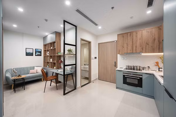 Khu vực +1 rộng rãi tại các căn hộ 1 phòng ngủ của Vinhomes Smart City được tận dụng linh hoạt thành không gian đọc sách, làm việc, nghỉ ngơi.