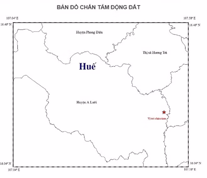 Vị trí xảy ra động đất tại huyện A Lưới vào ngày 11-5. Ảnh: Trung tâm báo tin động đất và cảnh báo sóng thần - Viện Vật lý Địa cầu.