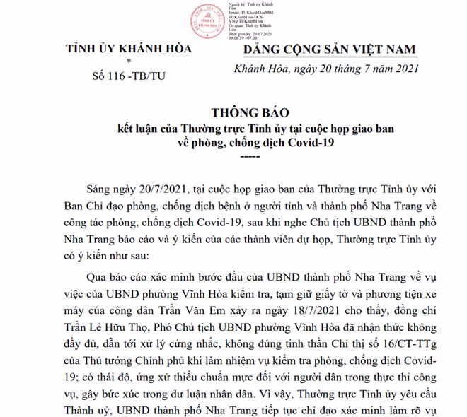 Thông báo kết luận của Thường trực Tỉnh ủy Khánh Hòa sáng hôm nay (20/7)