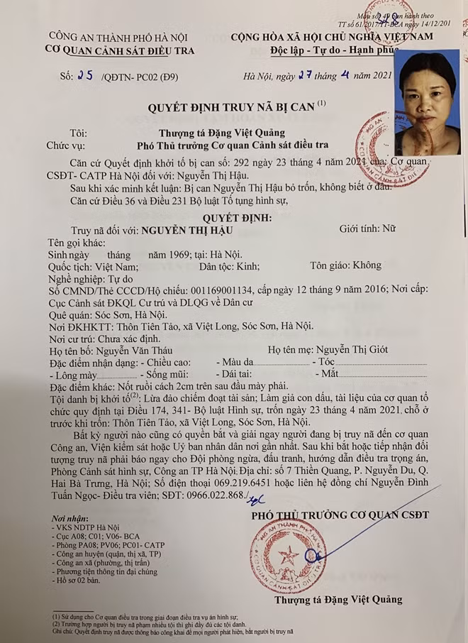 Quyết định truy nã bị can Võ Quy Lãm, Nguyễn Thị Hậu của Cơ quan CSĐT Công an TP Hà Nội