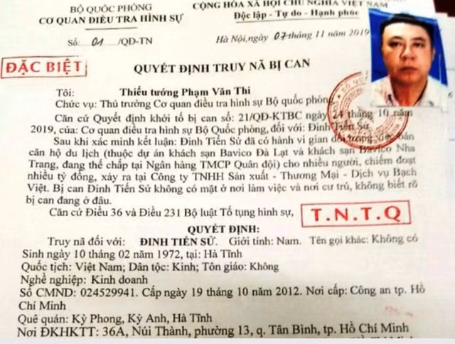 Quyết định truy nã đặc biệt đối tượng Đinh Tiến Sử.