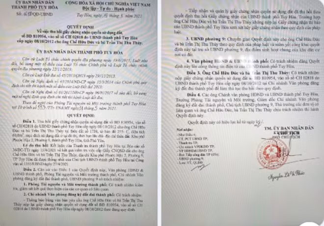 Quyết định của UBND TP Tuy Hòa về việc thu hồi "sổ đỏ" đã cấp cho ông bà Đức - Thủy