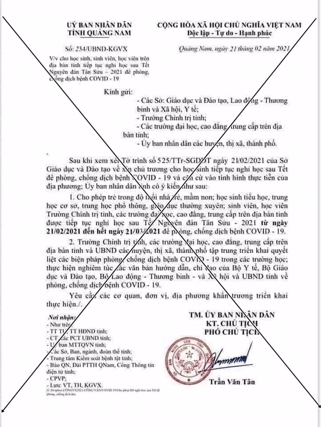 Văn bản giả mạo cho học sinh các cấp tại Quảng Nam nghỉ học.