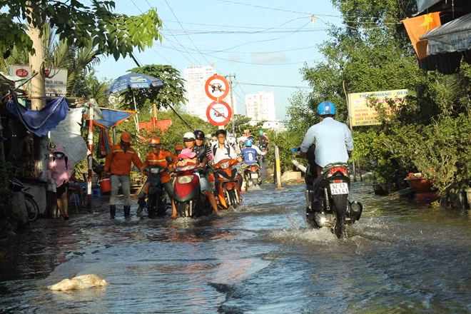 Các phương tiện lưu thông gặp khó khăn khi phải di chuyển qua khu vực ngập sâu