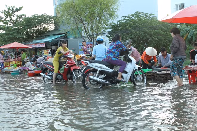 Tuy nước ngập, người dân vẫn phải mua bán trên biển nước để mưu sinh