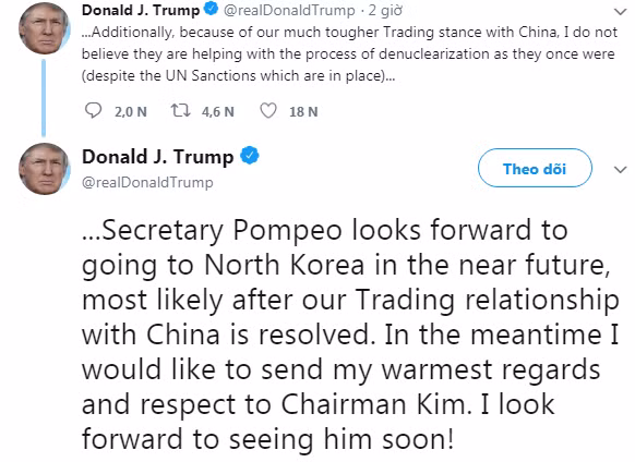 Ông Trump nêu rõ trên Twitter cần phải giải quyết xong cuộc chiến thương mại với Trung Quốc trước khi tiếp tục gặp lãnh đạo CHDCND Triều Tiên. Ảnh: CAND