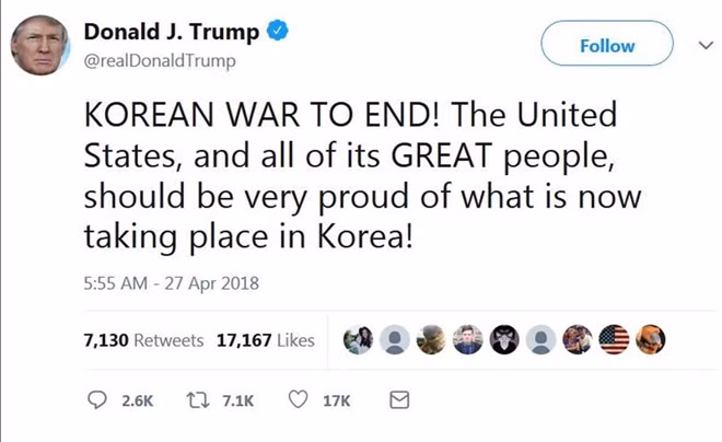 Bình luận ngắn gọn của Tổng thống Mỹ Donald Trump sau hội nghị thượng đỉnh liên Triều hôm 27-4. Ảnh: Chụp màn hình trang Twitter của Tổng thống Mỹ