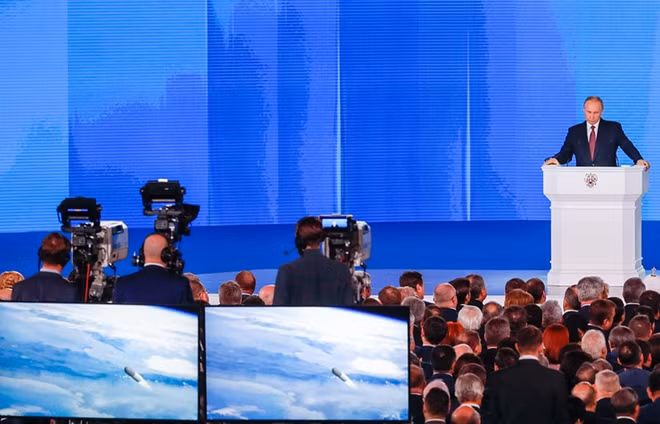 Tổng thống Nga Vladimir Putin đọc Thông điệp Liên bang ngày 1-3. Ảnh: TASS