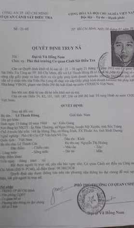 Quyết định truy nã Hùng.
