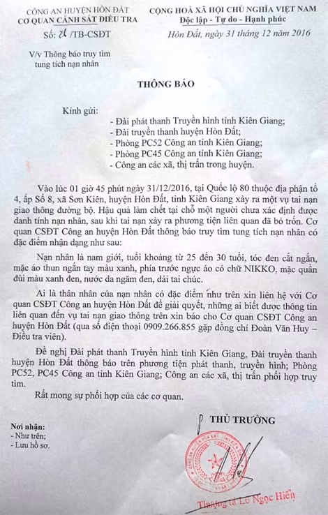 Thông báo của Cơ quan CSĐT Công an huyện Hòn Đất.