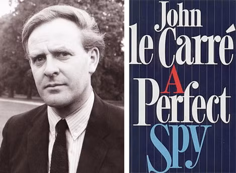 Nhà văn John le Carré năm 1968 và bìa tiểu thuyết tình báo nổi tiếng A Perfect Spy của John le Carré.