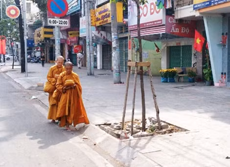 Nhiều sư giả khất thực trên đường phố.
