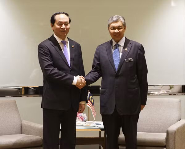 Bộ trưởng Trần Đại Quang và Phó Thủ tướng kiêm Bộ trưởng Bộ Nội vụ Malaysia Ahmad Zahid Hamidi tại cuộc hội đàm.