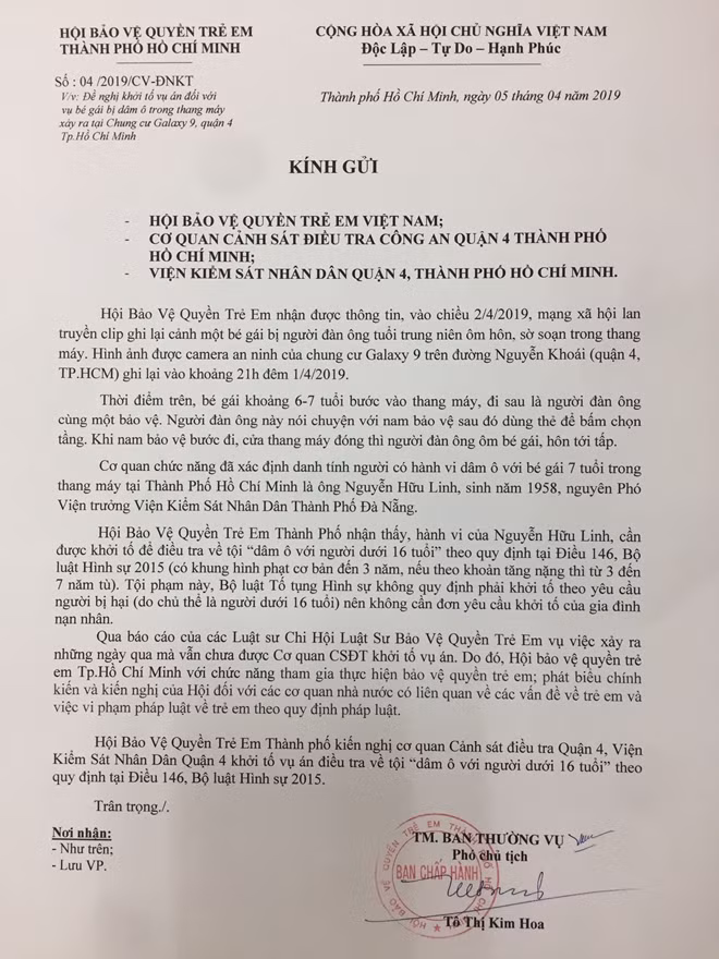 Văn bản Hội bảo vệ quyền trẻ em TP Hồ Chí Minh đề nghị khởi tố vụ án