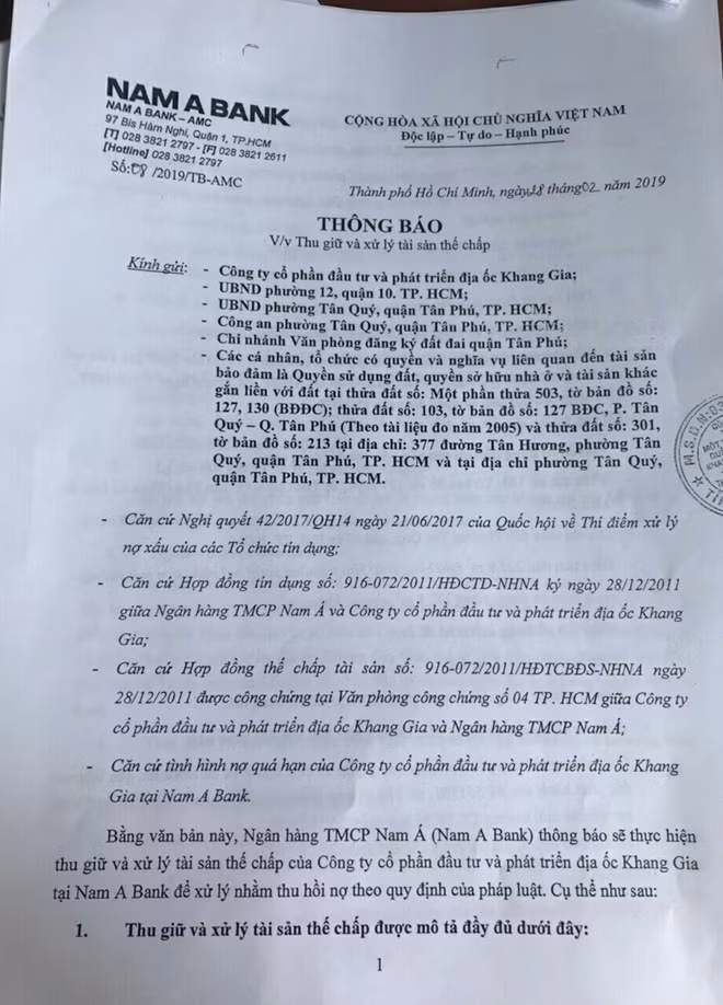Thông báo của Ngân hàng Nam Á
