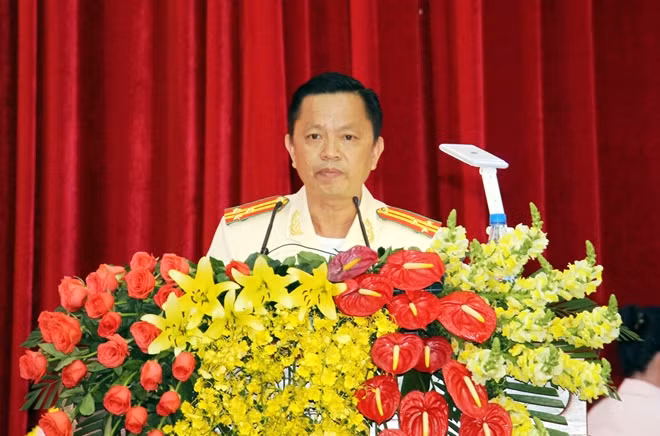 Thượng tá Huỳnh Việt Hòa - Bí thư Đảng ủy, Giám đốc Công an tỉnh Hậu Giang nhiệm kỳ 2020-2025, phát biểu tại Đại hội.
