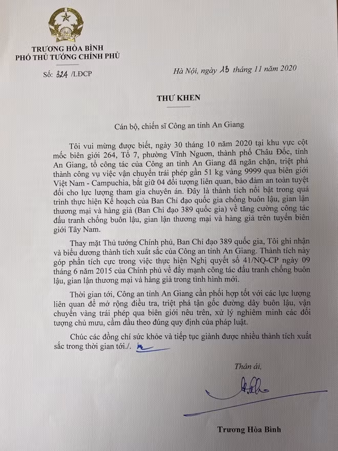 Thư khen của Phó Thủ tướng Thường trực Chính phủ Trương Hòa Bình.