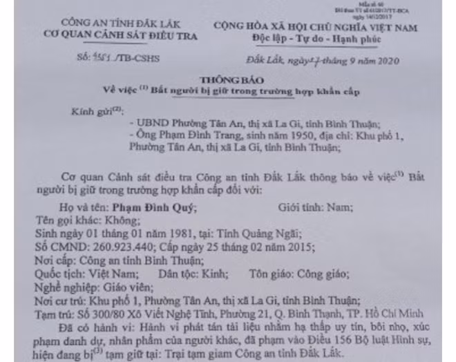 Thông báo bắt giữ ông Quý của Công an Đắk Lắk