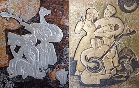 Dòng chảy nghệ thuật trên bức tranh “Khúc hát quê hương”; Bức tranh “Đờn ca tài tử” màu đồng thể hiện tình yêu nghệ thuật, quê hương. Dòng chảy nghệ thuật trên bức tranh “Khúc hát quê hương”; Bức tranh “Đờn ca tài tử” màu đồng thể hiện tình yêu nghệ thuật, quê hương.