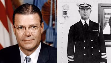 Bộ trưởng Quốc phòng Mỹ Robert McNamara (trái) và Thiếu tướng Isaac C. Kidd, lãnh đạo cuộc điều tra về vụ tấn công USS Liberty.