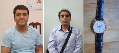 Hai đối tượng Abolghasem Hasantehrani Amirghossein và Asadollah Dolati Parviz tại cơ quan Công an và tang vật của vụ án: chiếc đồng hồ vàng nguyên khối. Hai đối tượng Abolghasem Hasantehrani Amirghossein và Asadollah Dolati Parviz tại cơ quan Công an và tang vật của vụ án: chiếc đồng hồ vàng nguyên khối.