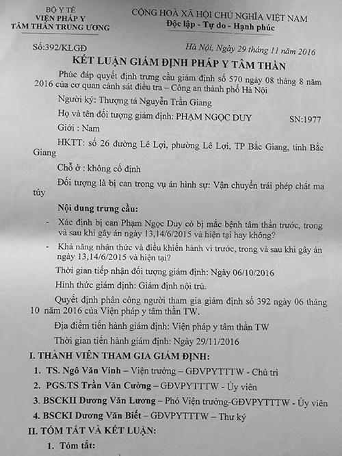 Kết luận giám định pháp y tâm thần xác định Phạm Ngọc Duy không có bệnh tâm thần. Kết luận giám định pháp y tâm thần xác định Phạm Ngọc Duy không có bệnh tâm thần.