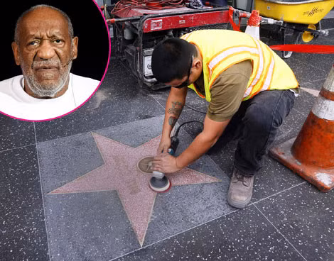 Ngôi sao gắn tên Bill Cosby trên Đại lộ Hollywood bị bôi bẩn và viết với dòng chữ nguệch ngoạc "kẻ phạm tội hãm hiếp". Ảnh: USMagazine.