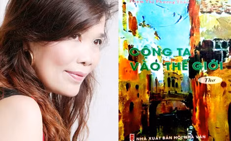 Nhà thơ Phạm Thị Phương Thảo và bìa cuốn "Cộng ta vào thế giới".