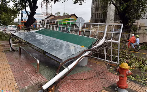 Nhà chờ xe buýt đổ gục gần khu vực tháp Trầm Hương.