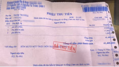 Hóa đơn thanh toán viện phí 41,4 triệu đồng trong khoảng hơn một giờ khám chữa bệnh. Ảnh: T.P.