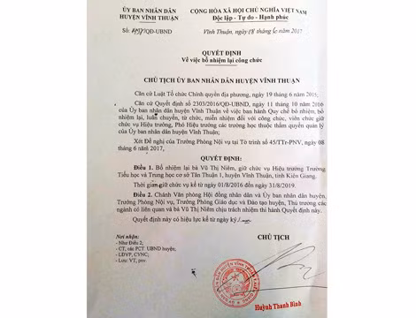 Quyết định bổ nhiệm lại bà Vũ Thị Niêm. Quyết định bổ nhiệm lại bà Vũ Thị Niêm.