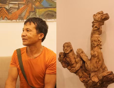 Nhà điêu khắc Nguyễn Như Ý và một tác phẩm điêu khắc của anh.