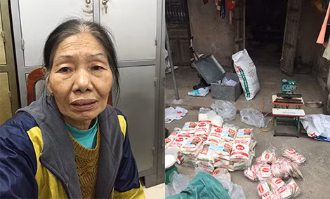Bà Lê Thị Gắng cùng các dụng cụ đóng gói mì chính. Bà Lê Thị Gắng cùng các dụng cụ đóng gói mì chính.