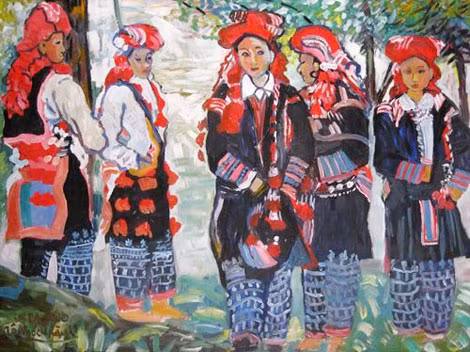 “Năm cô gái Dao đỏ” - tranh của họa sỹ Tô Ngọc Thành.