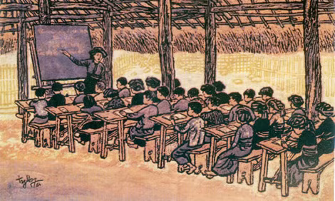 Lớp học miền núi (Tranh khắc gỗ của Nguyễn Trọng?Hợp, 1964).