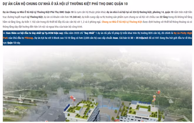 Thông tin rao bán về dự án trên một website. Ảnh chụp màn hình.