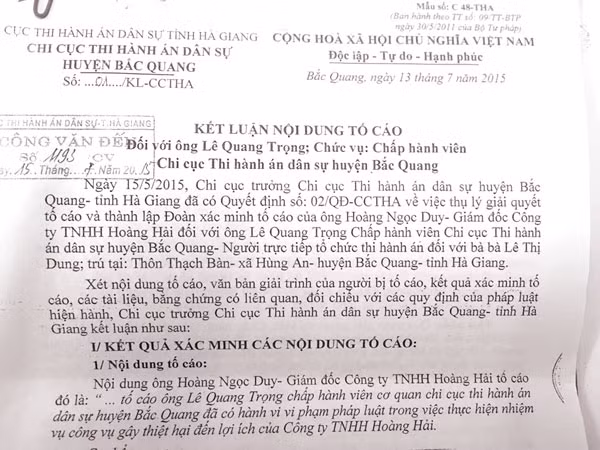 Kết luận nội dung tố cáo chấp hành viên của Chi cục THADS huyện Bắc Quang.