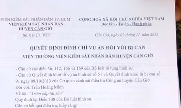 Quyết định đình chỉ vụ án của anh Minh.