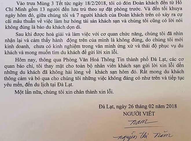 Thư xin lỗi của bà Nguyễn Thị Năm