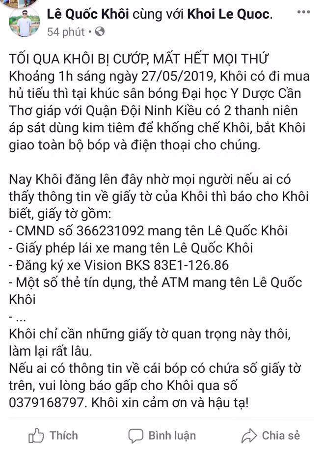 Thông tin sai sự thật mà Lê Quốc Khôi đăng tải trên Facebook.
