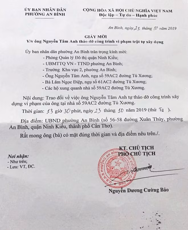 Giấy mời do ông Nguyễn Dương Cường Bảo - Phó Chủ tịch UBND phường An Bình ký.