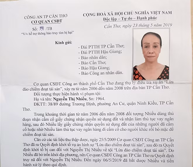 Thông báo truy tìm bị hại liên quan đến đối tượng Nhiều của Cơ quan CSĐT Công an TP Cần Thơ.
