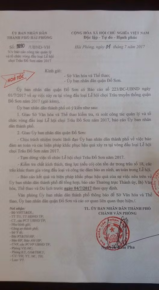 Công văn của UBND TP Hải Phòng yêu cầu báo cáo về sự cố xảy ra tại Lễ hội chọi trâu Đồ Sơn 2017.