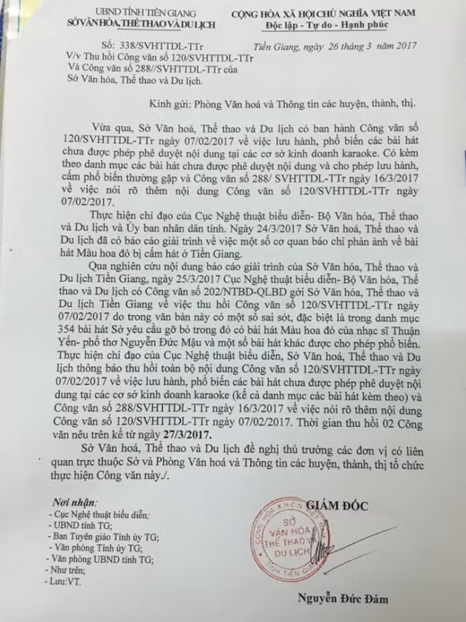 Công văn do Sở VH-TT&DL Tiền Giang gửi đi.