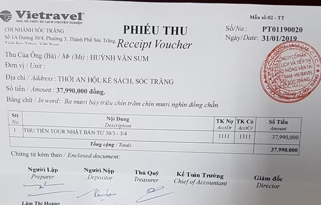 Phiếu thu tiền đi du lịch của ông Huỳnh Văn Sum từ ngày 31-1-2019.
