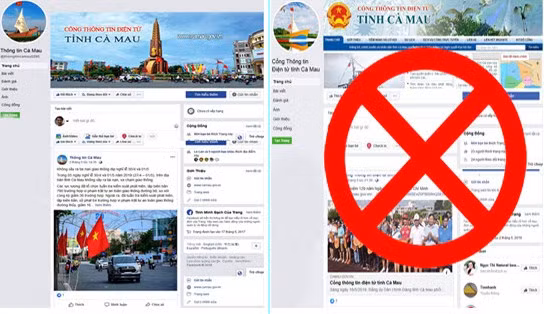 Trang fanpage (phải), mạo danh Cổng thông tin điện tử tỉnh Cà Mau (trái).