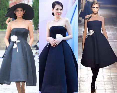 Hai thiết kế của Đỗ Mạnh Cường mà Trương Thị May và Kim Thoa (giữa) mặc bị cho là mượn ý tưởng của Lavin (phải). Hai thiết kế của Đỗ Mạnh Cường mà Trương Thị May và Kim Thoa (giữa) mặc bị cho là mượn ý tưởng của Lavin (phải).